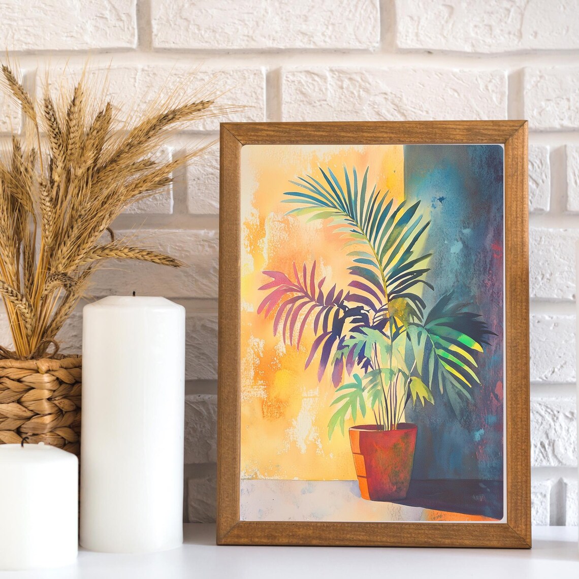 Sunlit Potted Palm Against a Warm Yellow and Blue Wall Poster - Image 3