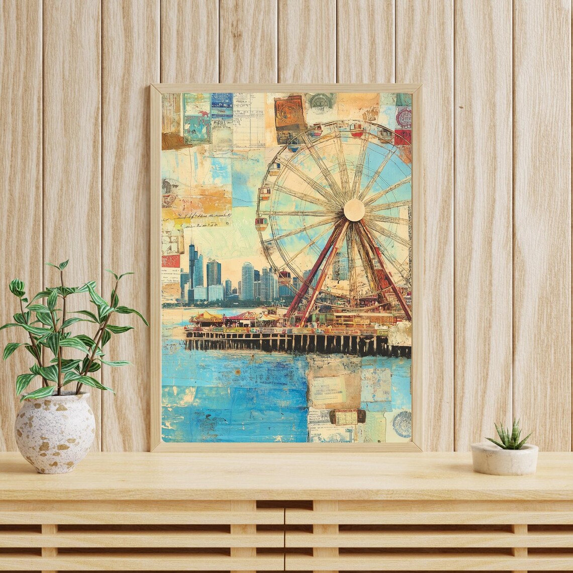 Chicago Navy Pier Ferris Wheel Vintage Collage Lake Michigan Poster - Image 3