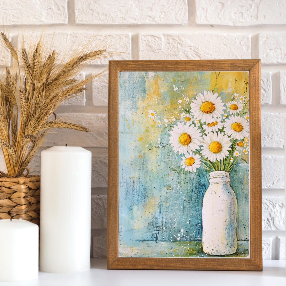 White Daisies in a Milk Bottle Rustic Spring Floral Art Print - Image 2