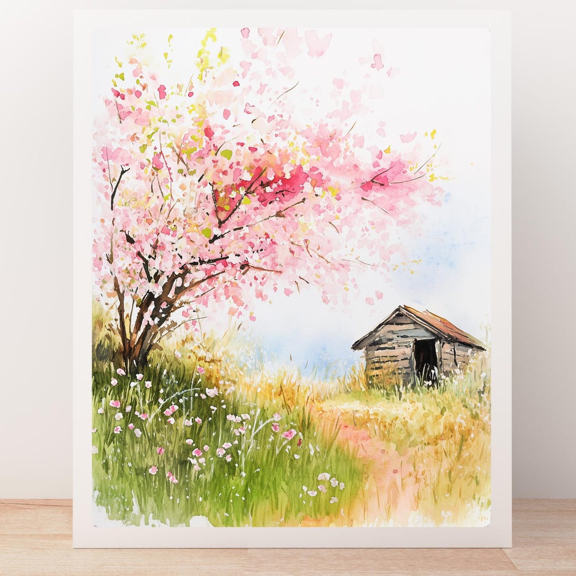 Pink Cherry Blossom Tree in Bloom Beside a Rustic Wooden Shed Print - Image 5