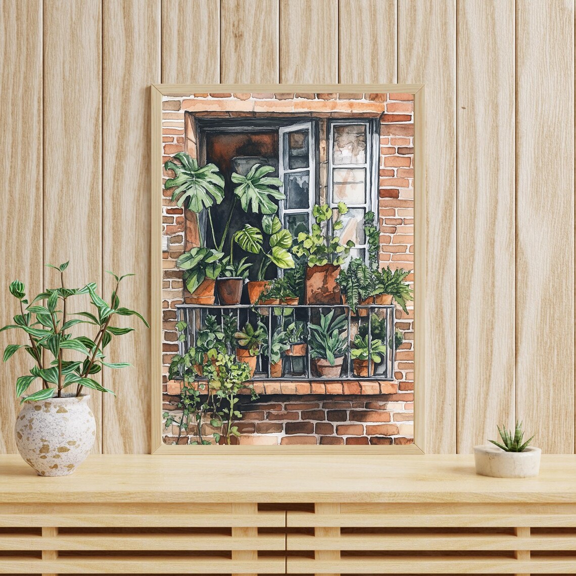 Terracotta Pots Full of Plants on an Open Brick Window Ledge Poster - Image 4