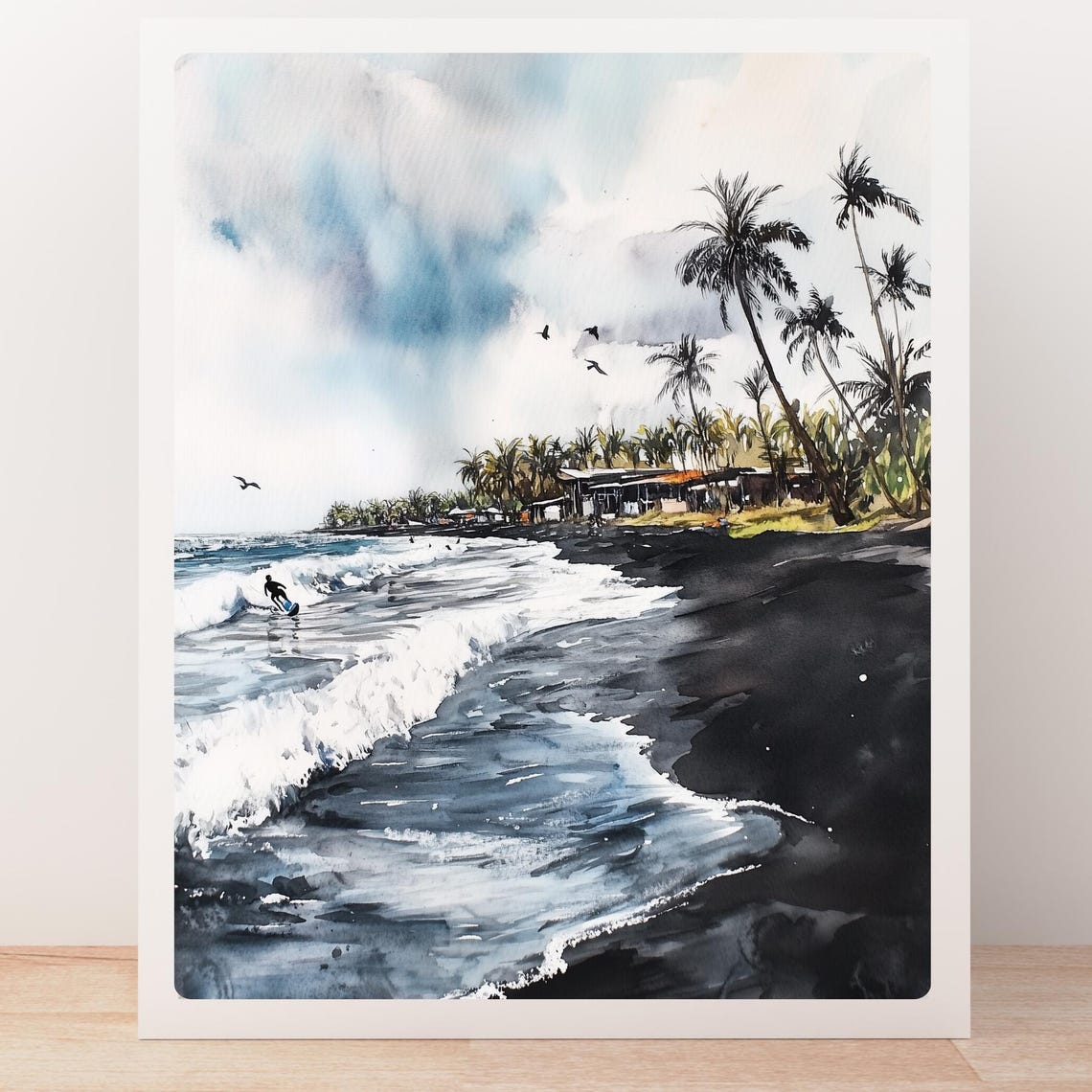 Surfer Riding Waves on a Moody Black Sand Tropical Beach Poster - Image 5