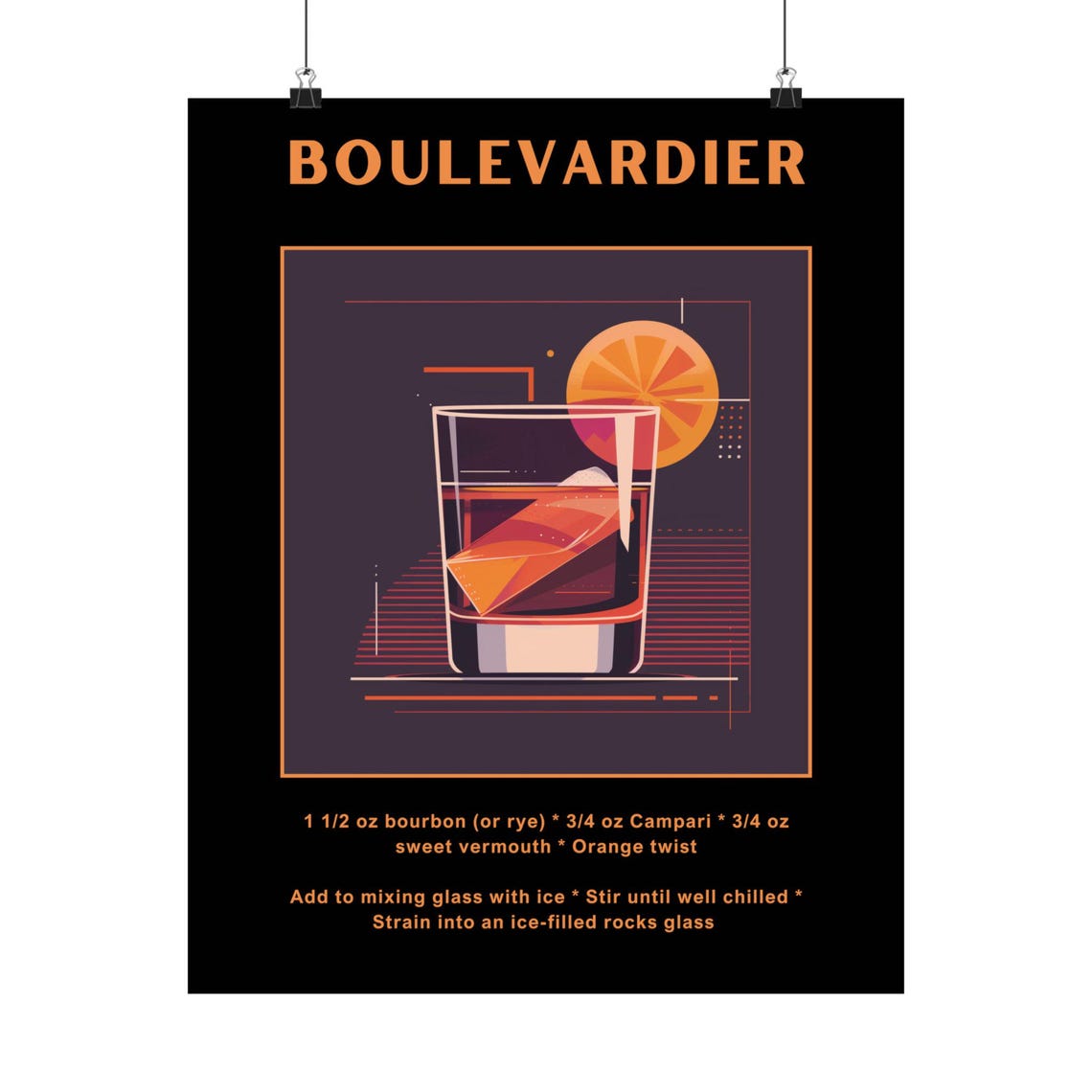 Boulevardier Cocktail Recipe Poster Rocks Glass Orange Retro Bar