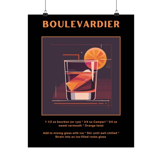 Boulevardier Cocktail Recipe Poster Rocks Glass Orange Retro Bar