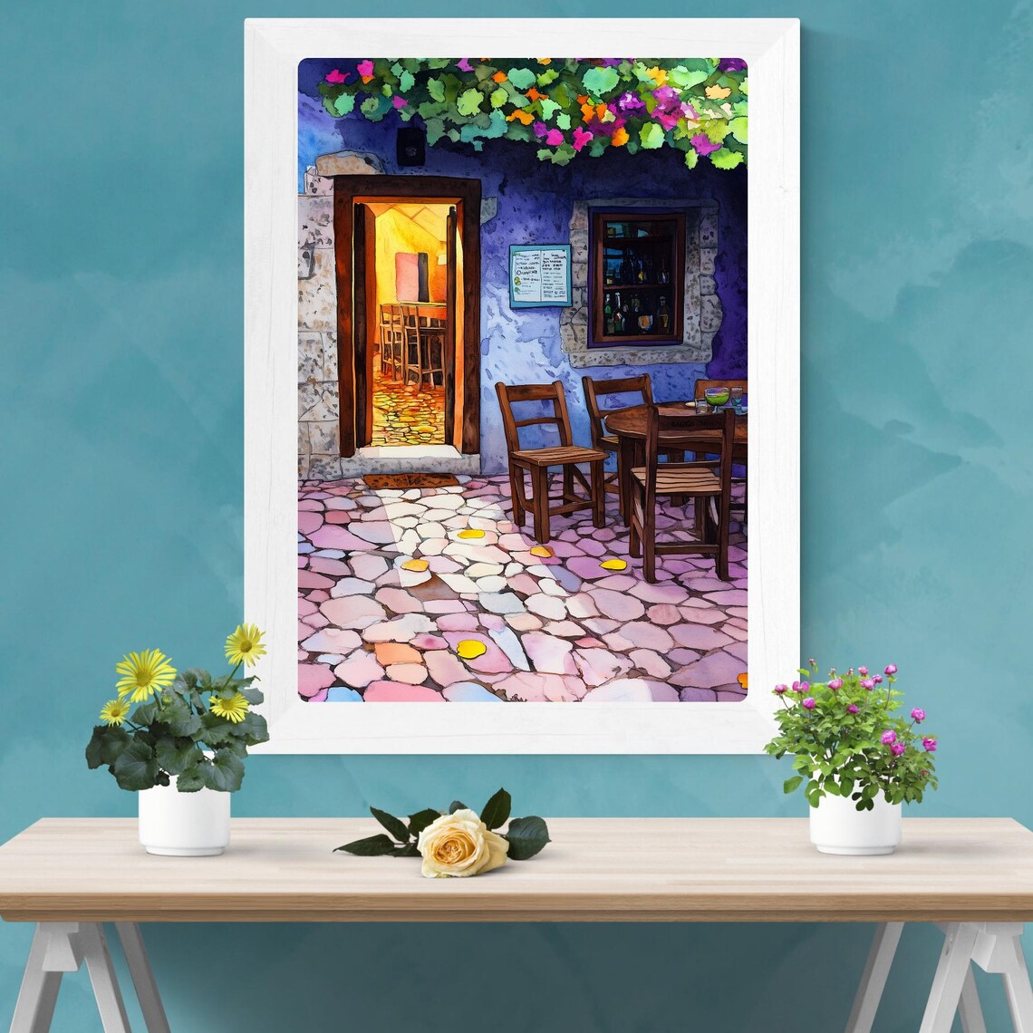 Cobblestone Bistro Patio Nighttime Cafe Terrace Scene Painting Poster - Image 2