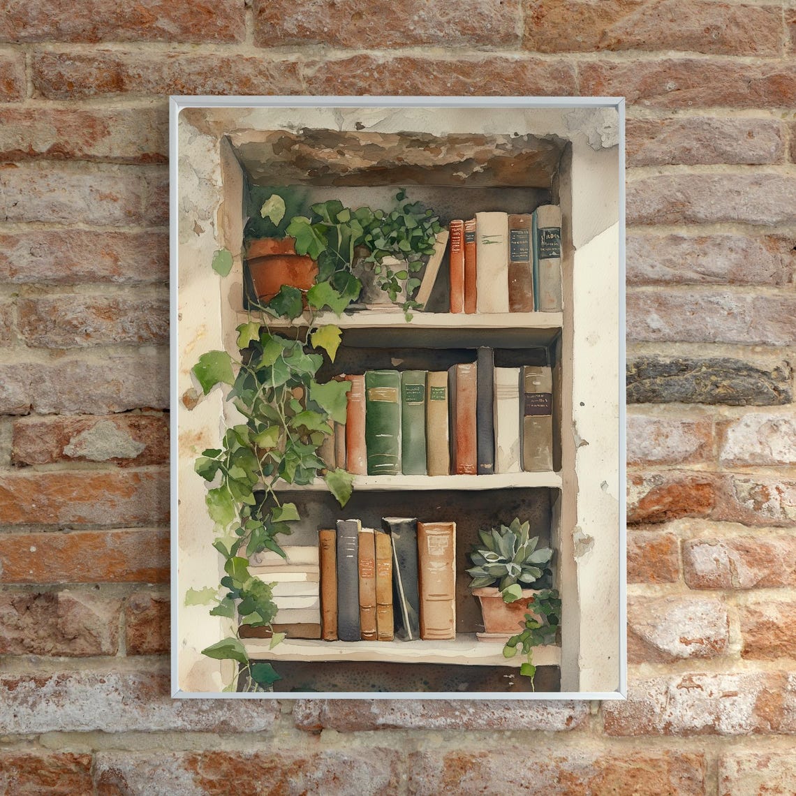 Antique Bookshelf Trailing Ivy Potted Plants Watercolor Library Poster - Image 6