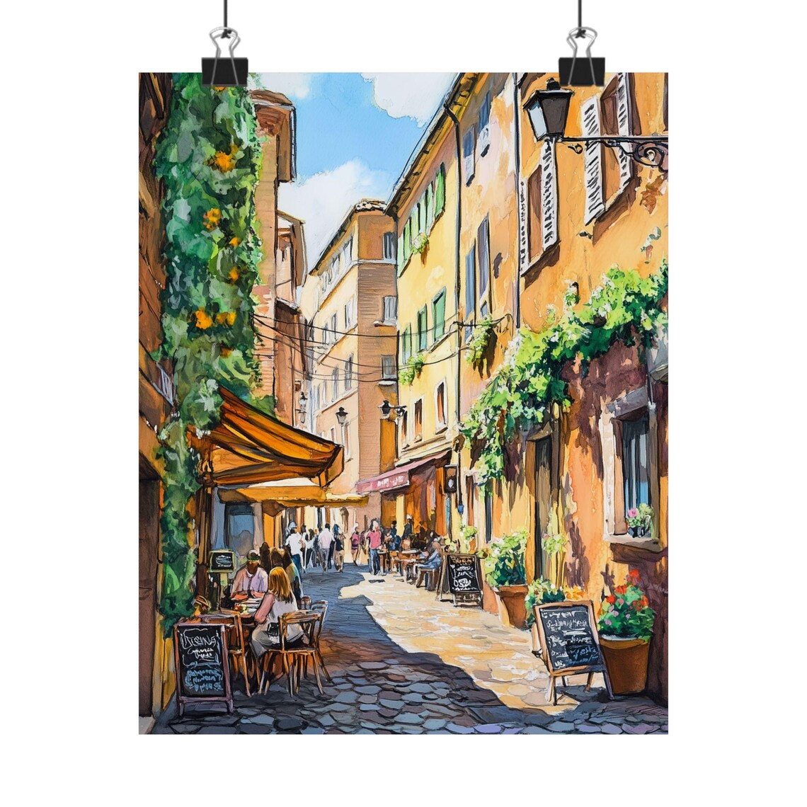Trastevere Rome Cafe Street Cobblestone Alley Gouache Poster