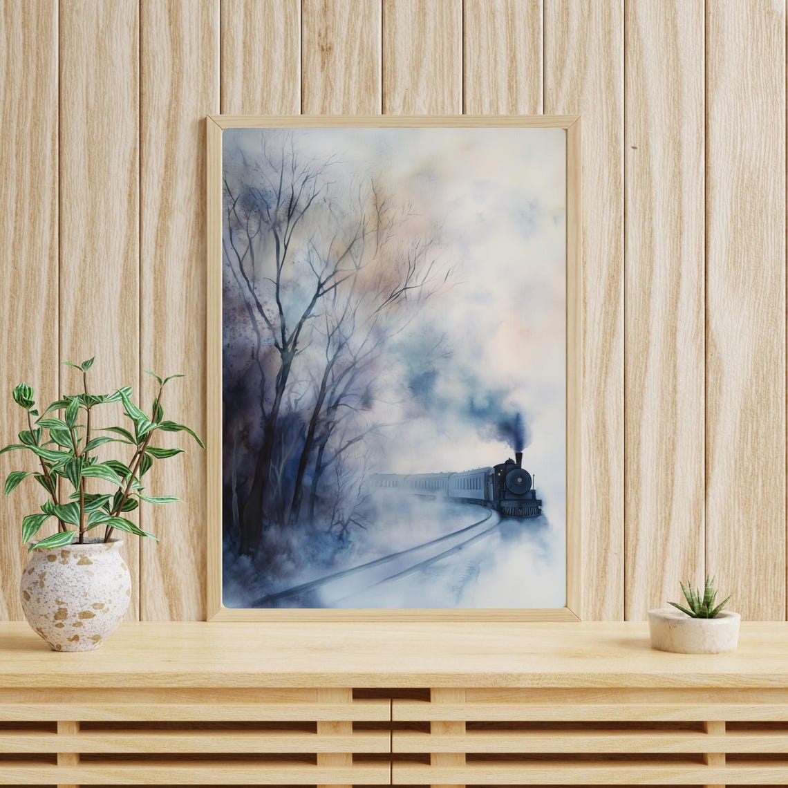 Ghostly Steam Train in Winter Mist Watercolor Railroad Scene Poster - Image 4