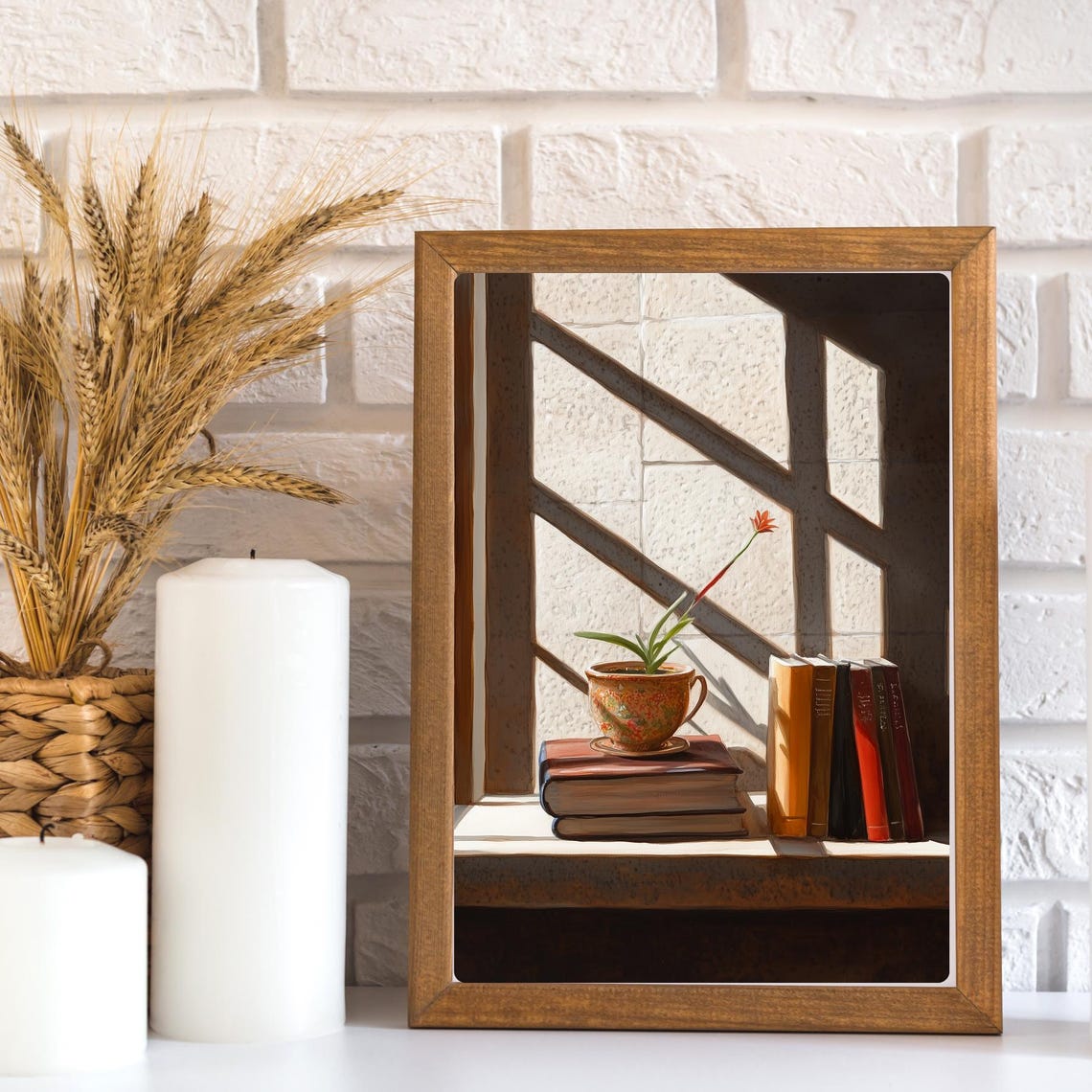 Sunlit Window Books Potted Flower Still Life Reading Nook Poster - Image 3