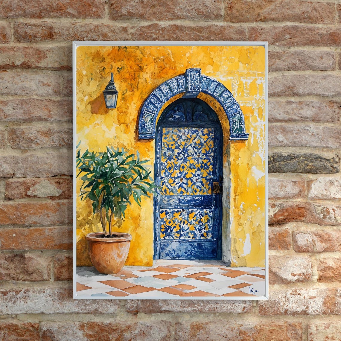 Moroccan Yellow Wall Blue Tile Arch Doorway Lantern Watercolor Poster - Image 6