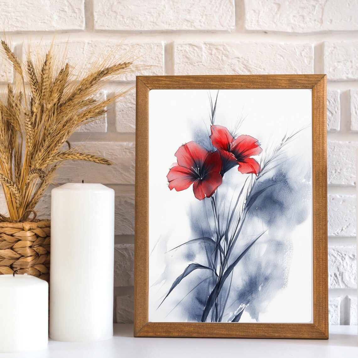Red Blossom Ink Wash Painting in Minimalist Floral Style Print - Image 3