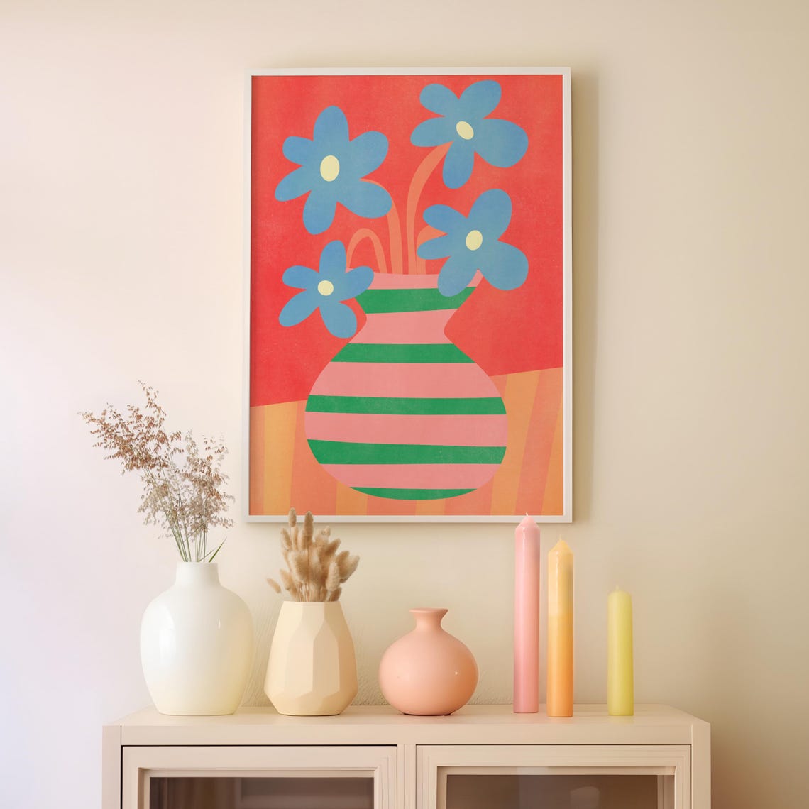Blue Flowers In Pink Green Striped Vase Maximalist Colorful Art Poster - Image 4