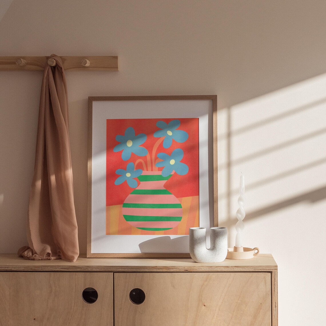 Blue Flowers In Pink Green Striped Vase Maximalist Colorful Art Poster - Image 3