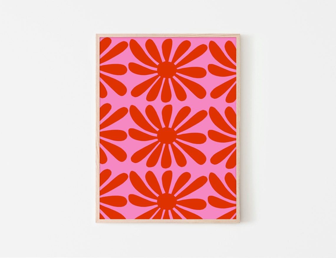 Red Orange Daisy Pattern on Hot Pink Retro Floral Grid Poster - Image 2
