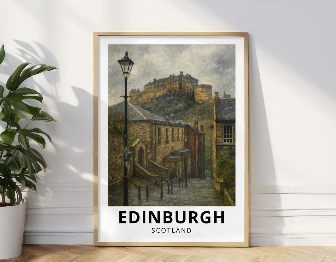 Edinburgh Scotland Oil Painting Travel Poster Castle Street Scene Wall Art Print Moody Old Town Cityscape Decor Vintage Uk Gift