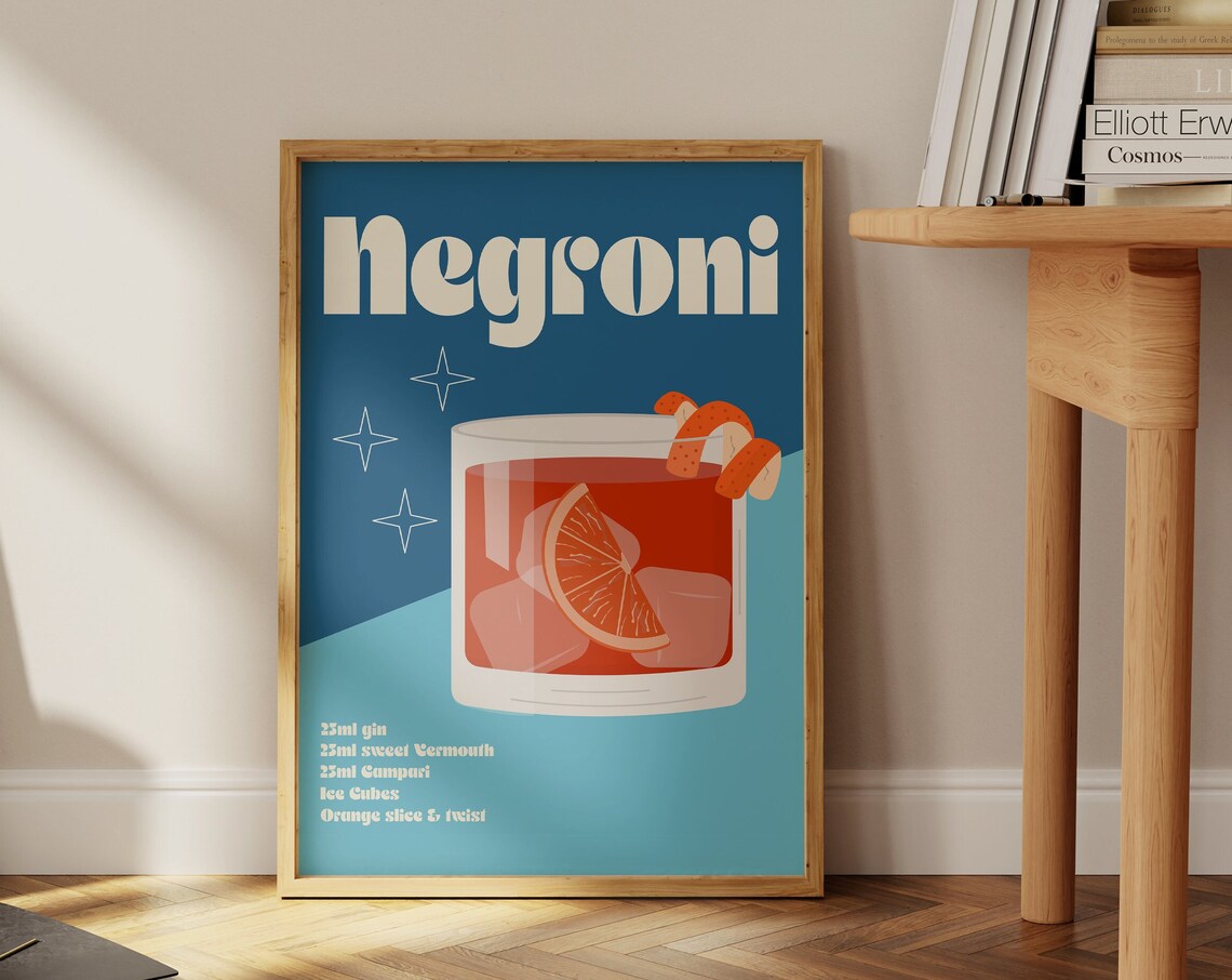 Negroni Vintage Cocktail Recipe Orange Slice Blue Retro Bar Poster