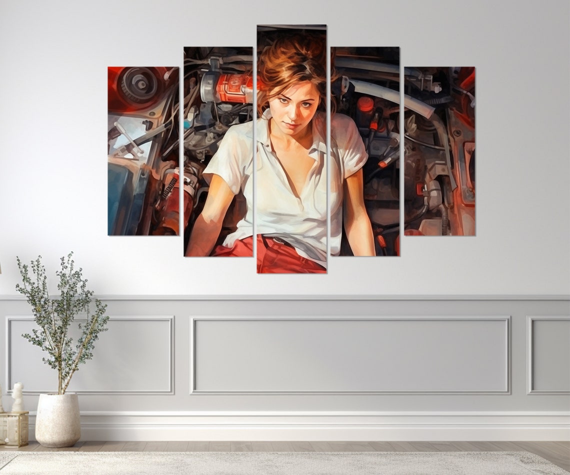 Retro Mechanic Woman Car Engine Bay Vintage Workshop Painting Poster - Image 3