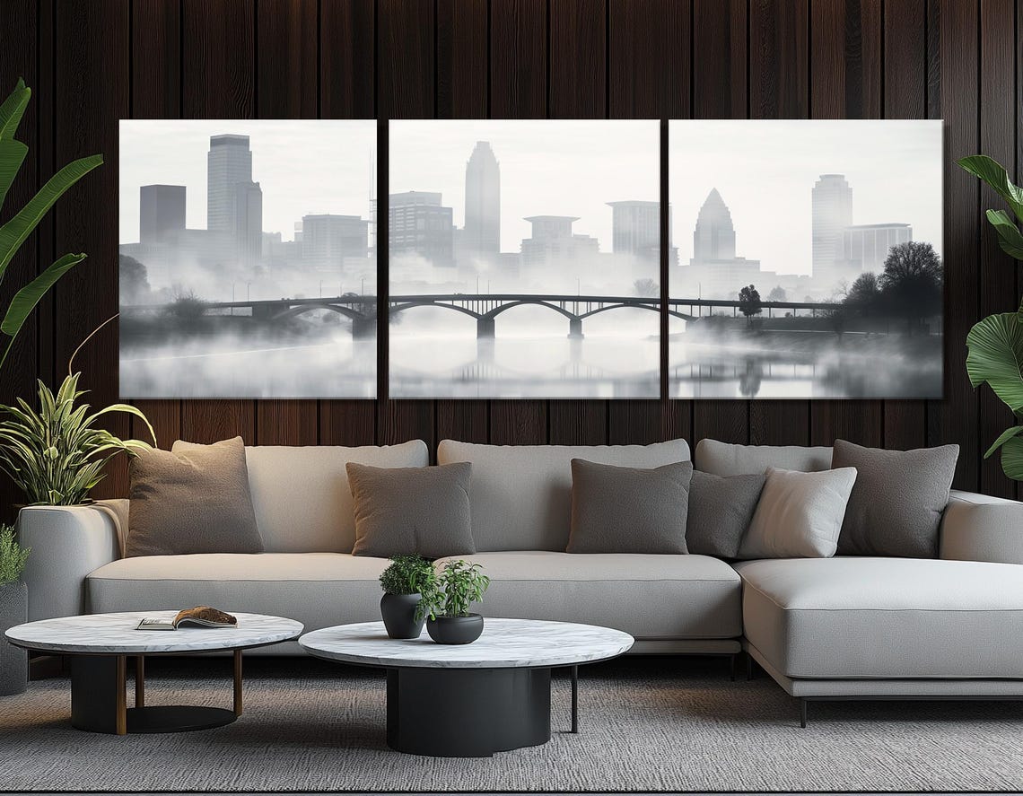 Misty Columbus Ohio Black And White Foggy Bridge Skyline Poster - Image 4