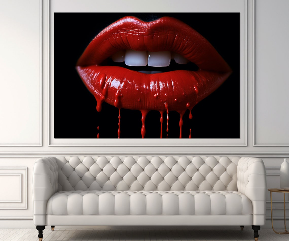 Dripping Red Lips On Black Background Bold Pop Art Beauty Wall Poster - Image 2