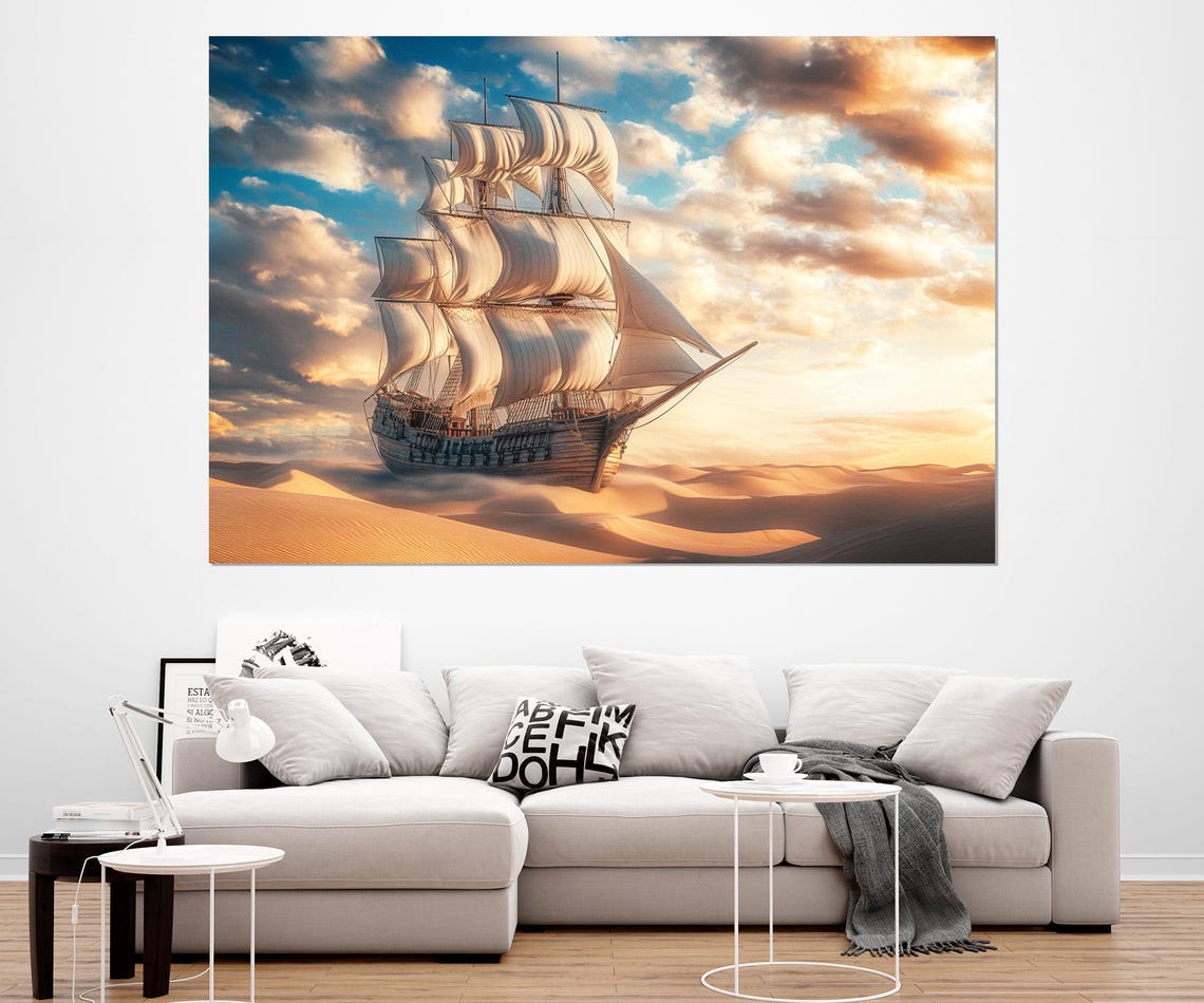 Tall Ship Sailing Golden Sand Dunes Sunset Surreal Painting Poster - Image 3