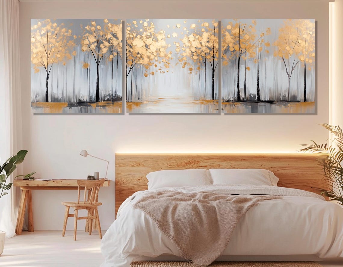 Golden Trees Misty Gray Forest Abstract Autumn Panoramic Poster - Image 3