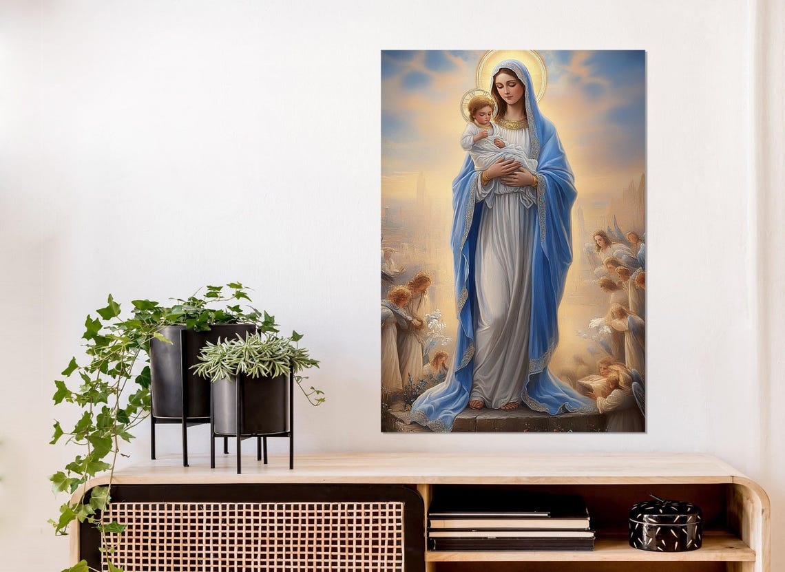 Virgin Mary And Baby Jesus Surrounded By Angels Heavenly Light Poster - Image 4