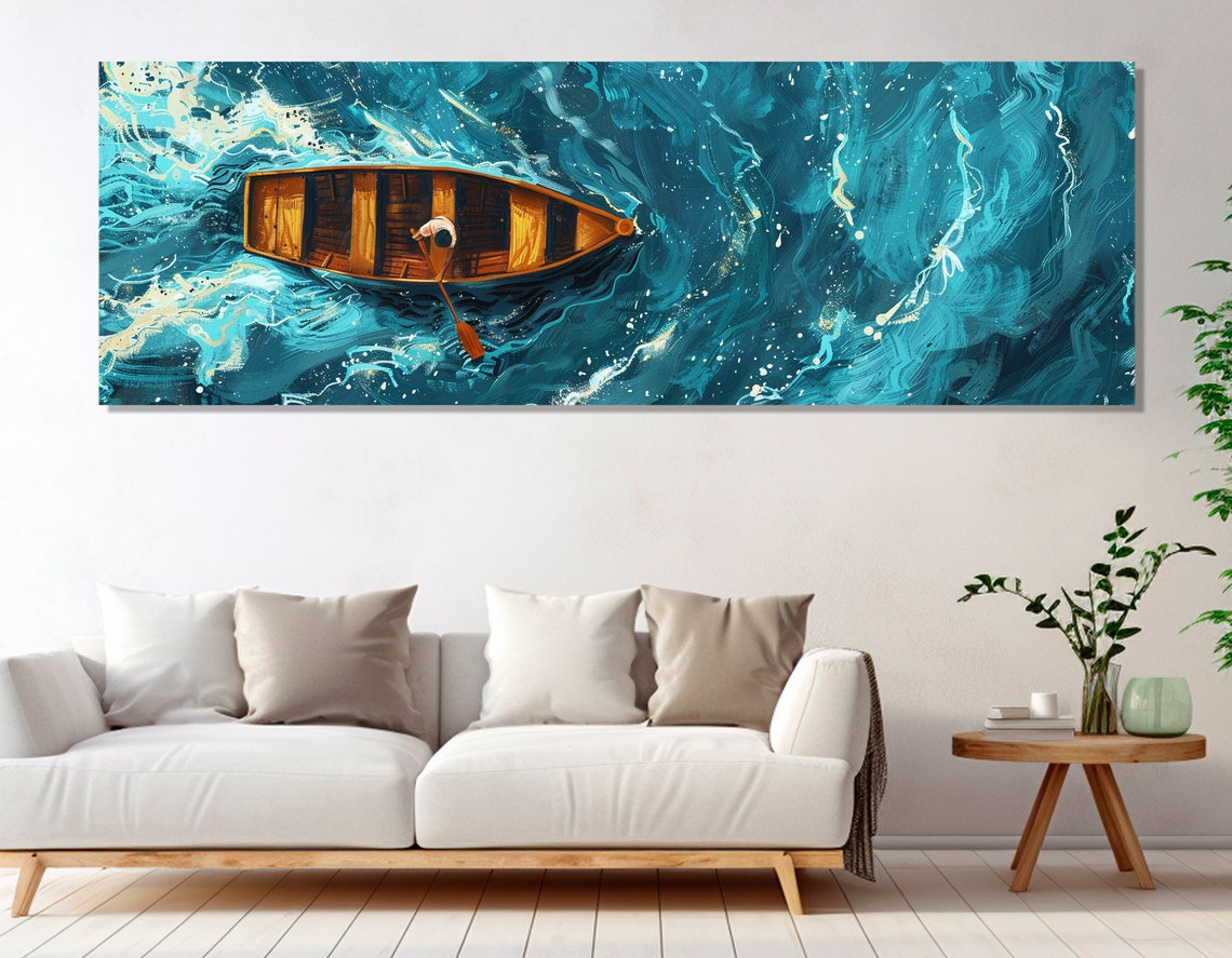 Lone Rower Wooden Boat Aerial Turquoise Water Minimalist Poster - Image 2