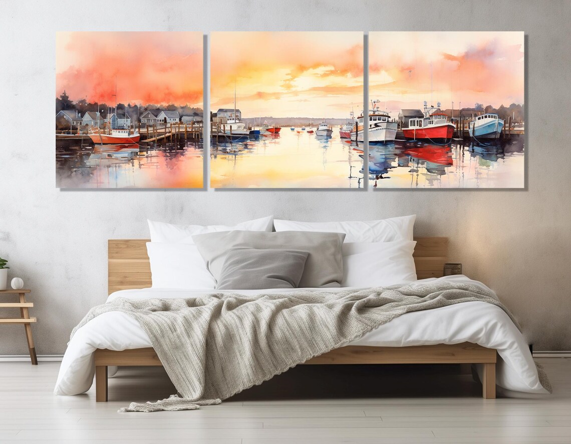 Fishing Harbor Sunset Boats Pink Orange Watercolor Nautical Art Poster - Image 4