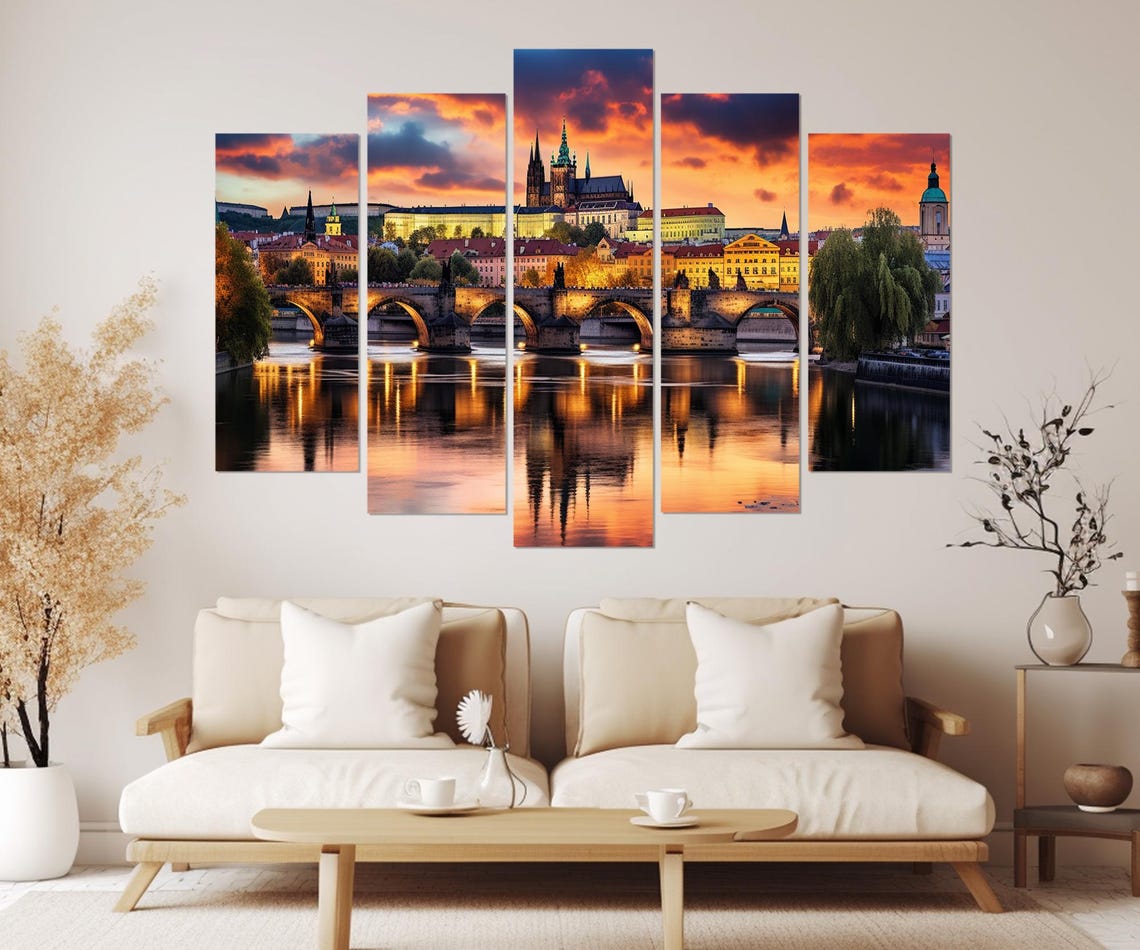 Prague Charles Bridge Castle Sunset Vltava River Reflection Poster - Image 2