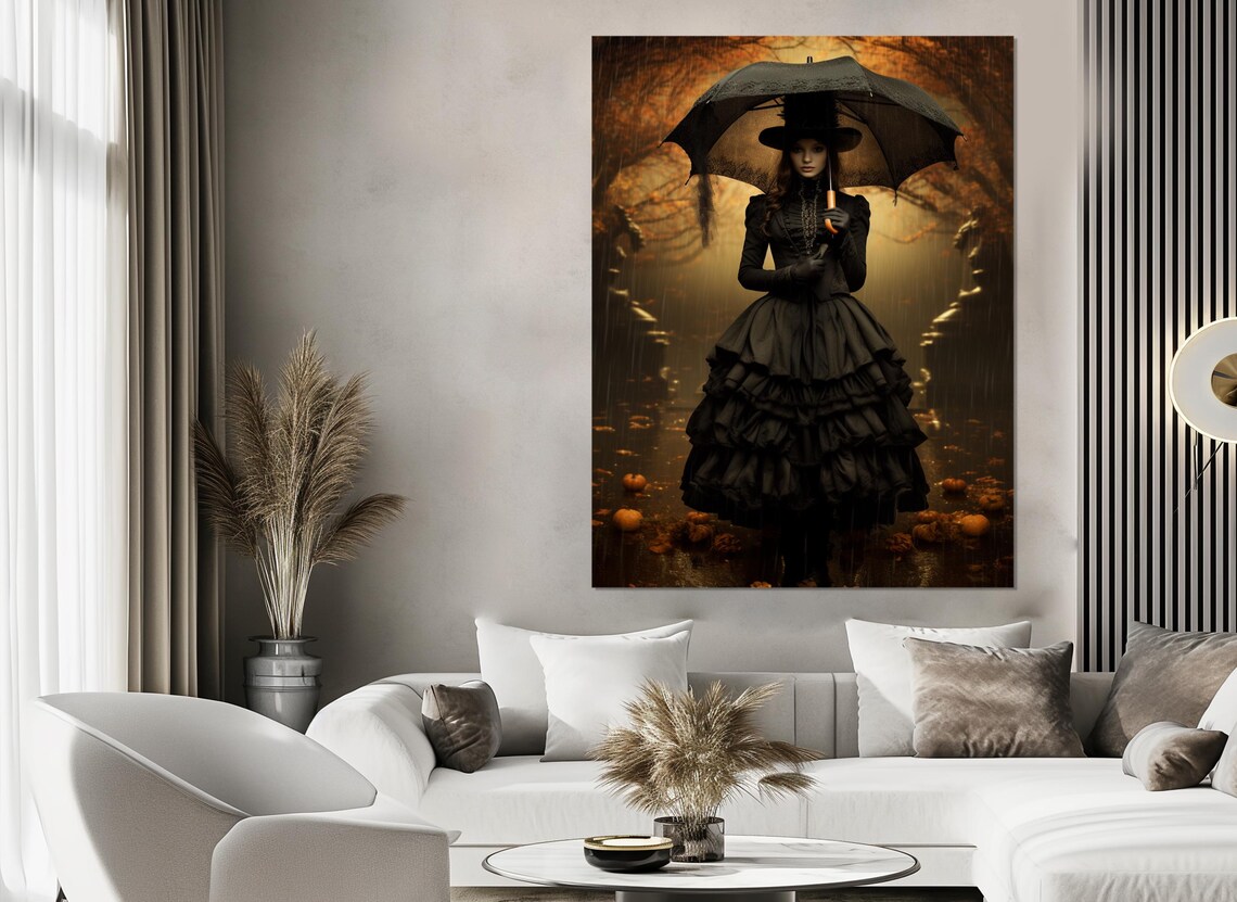 Victorian Witch Under Umbrella Autumn Rain Pumpkins Gothic Fantasy Poster - Image 2