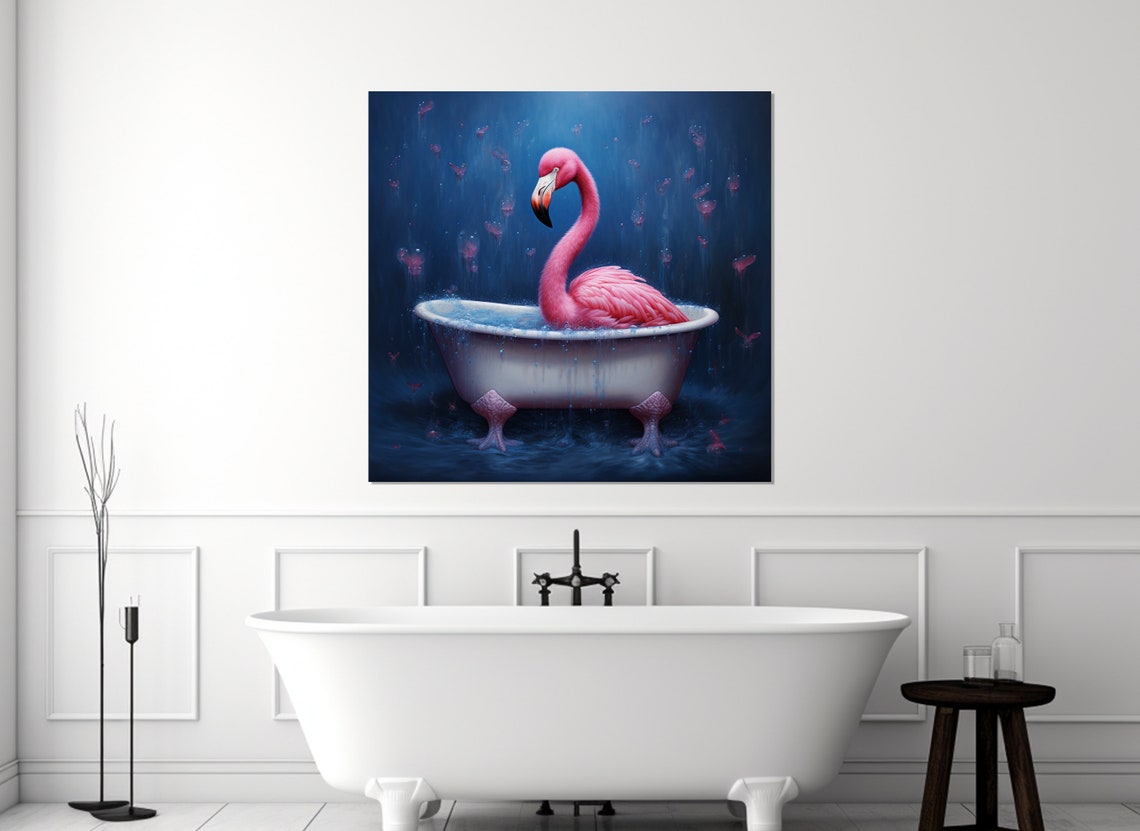 Pink Flamingo In A Vintage Bathtub Under Falling Petals Poster - Image 3