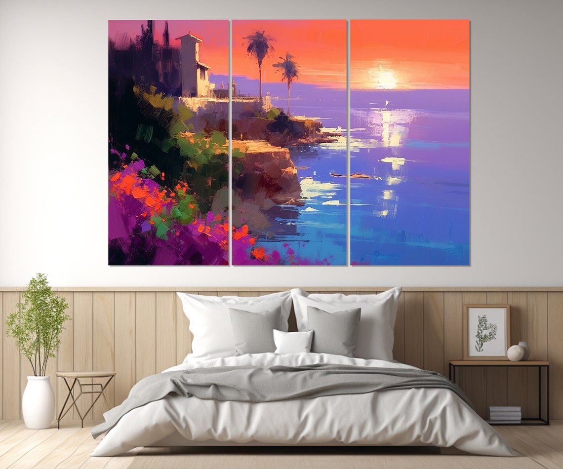 Colorful Coastal Cliff Villa Sunset Palm Trees Tropical Art Poster - Image 3