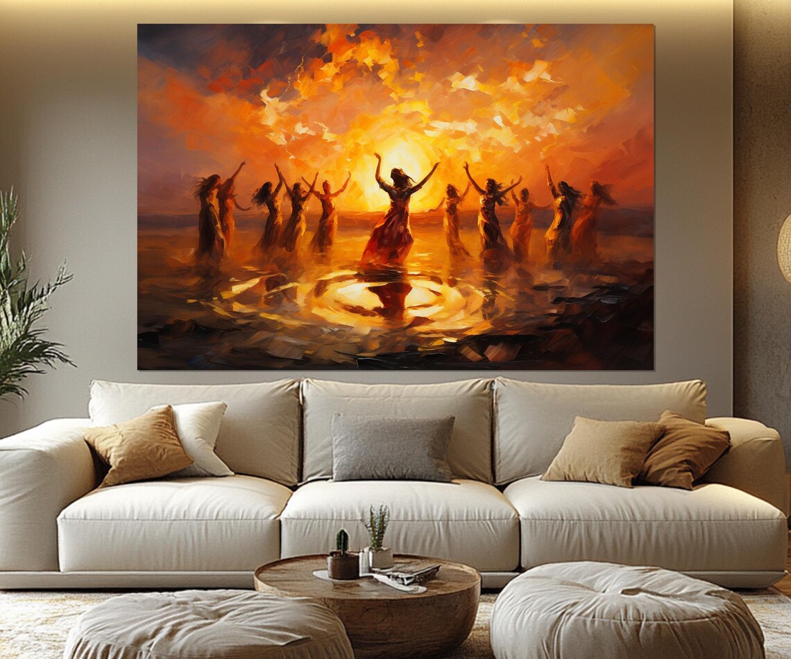 Women Dancing Around Fire Fiery Sunset Impressionist Celebration Wall Poster - Image 2