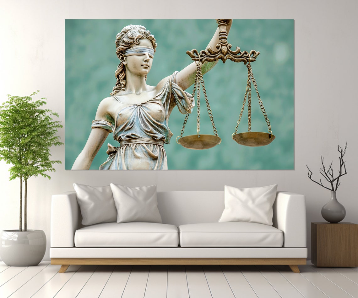 Lady Justice Statue Scales Law Office Teal Background Elegant Poster - Image 2