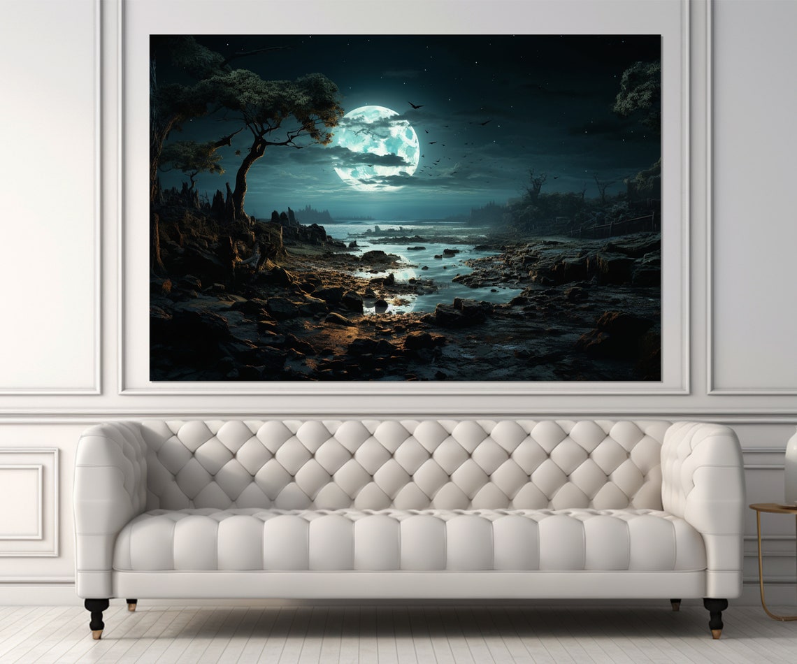 Full Moon Over Dark Rocky Coast Gothic Night Landscape Poster - Image 2