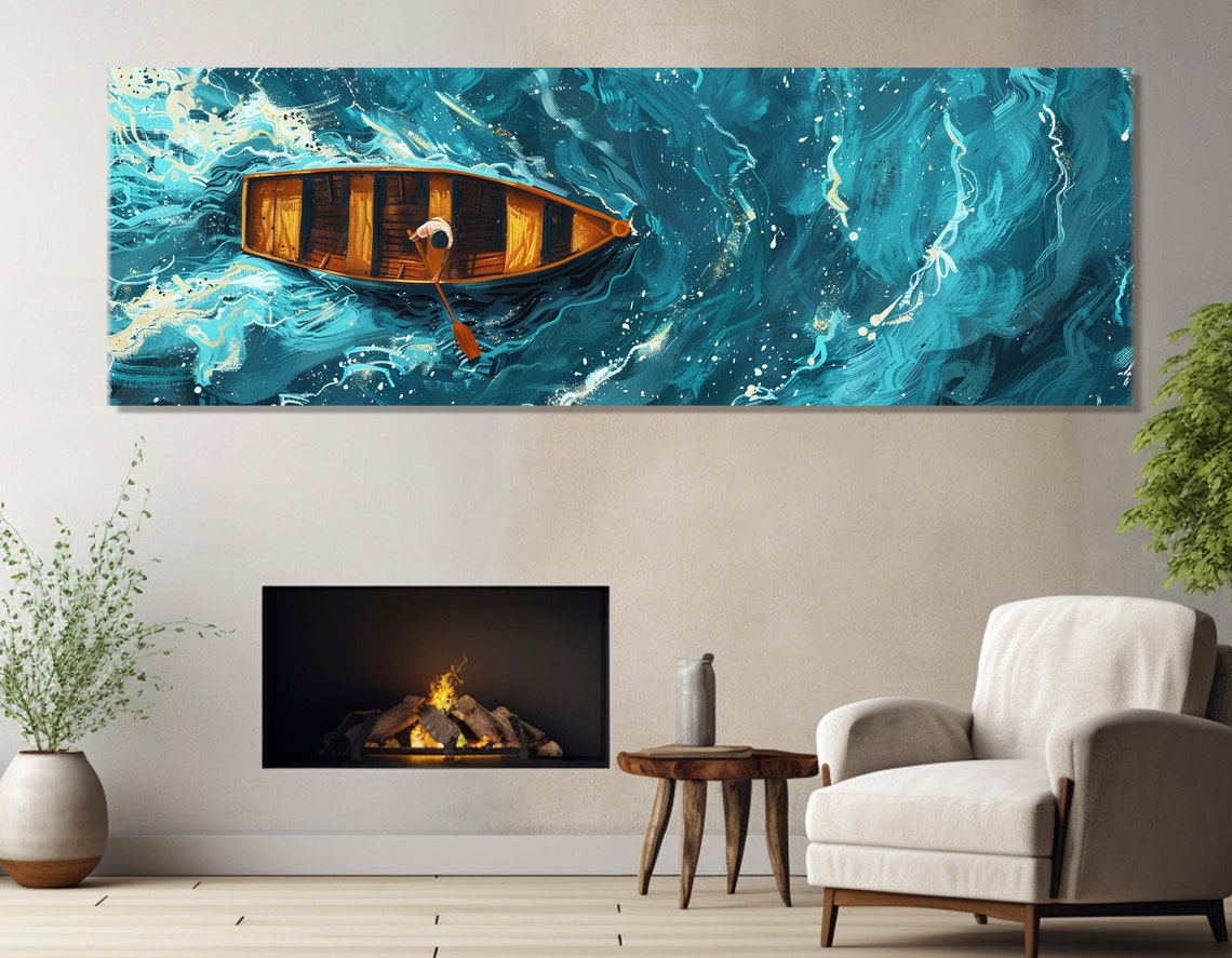 Lone Rower Wooden Boat Aerial Turquoise Water Minimalist Poster