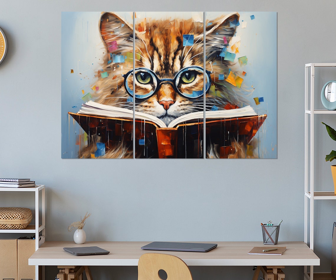 Fluffy Cat Wearing Round Blue Glasses Reading A Book Funny Poster - Image 4