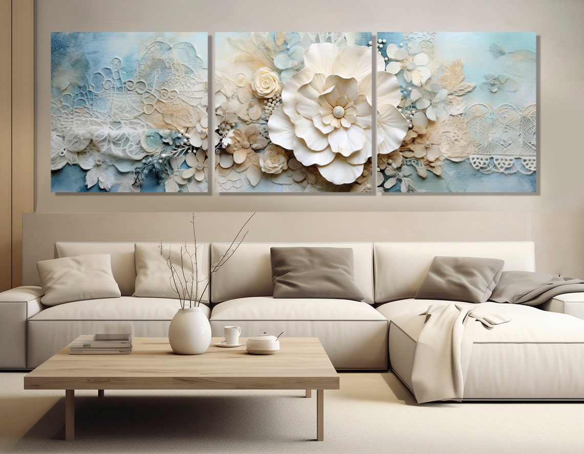 White 3D Blossoms Lace Powder Blue Floral Panoramic Bedroom Wall Art - Image 4