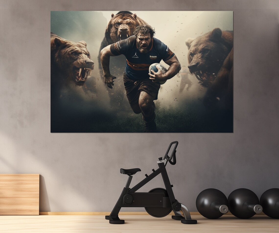 Fearless Rugby Player Running From Grizzly Bears Dramatic Sports Poster