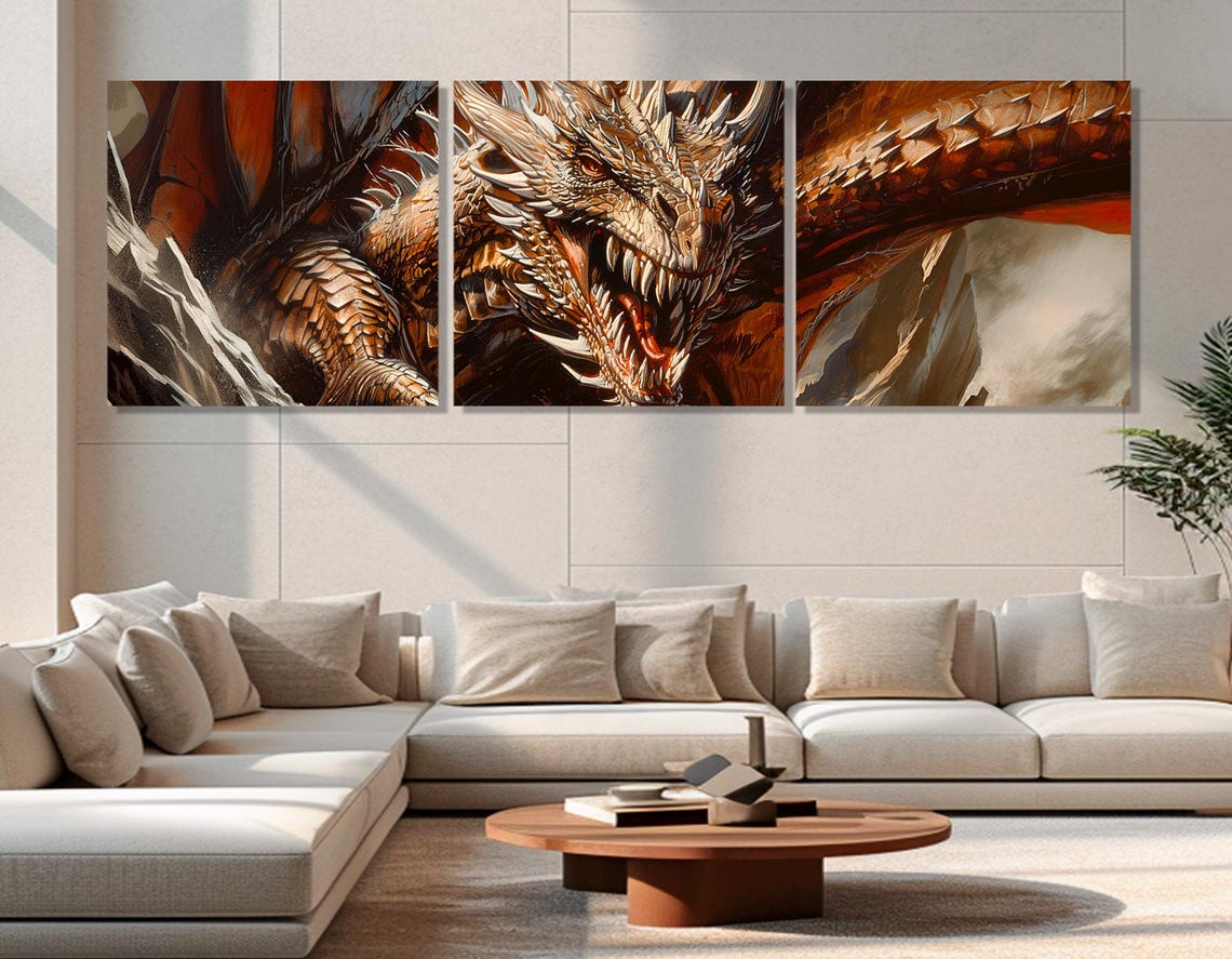 Fierce Bronze Dragon Close Up Scales Fantasy Panoramic Wall Poster - Image 4