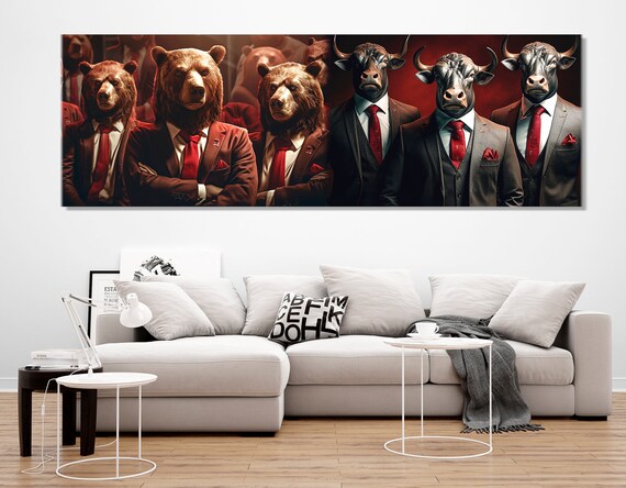 Bulls And Bears In Business Suits Wall Street Office Panoramic Wall Art Poster