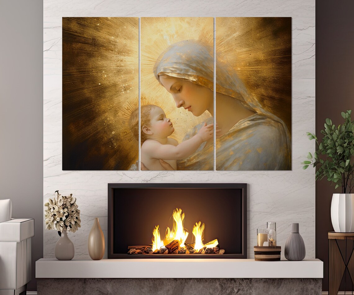 Virgin Mary With Baby Jesus Golden Light Religious Mother Child Art Poster - Image 3