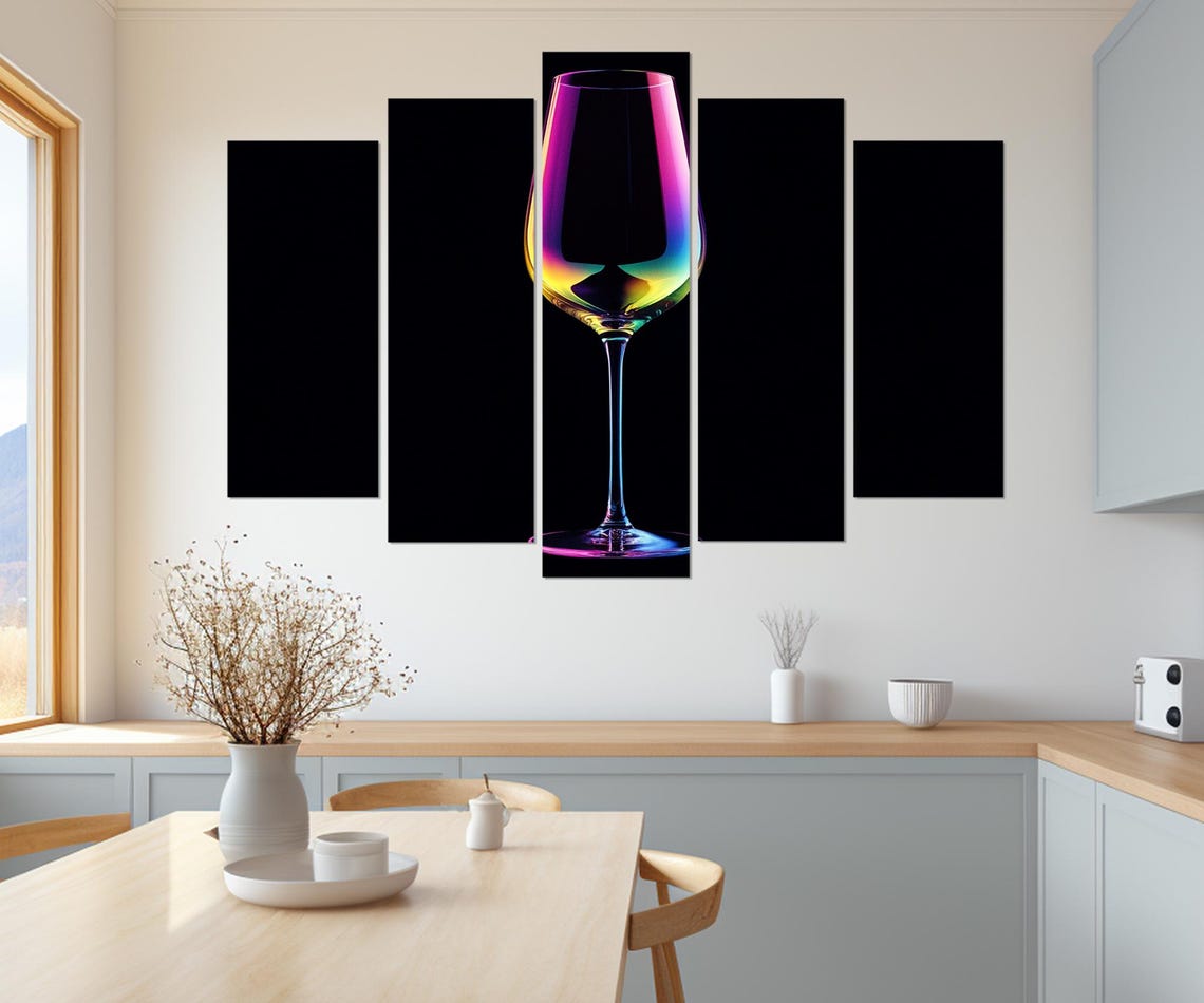 Neon Rainbow Wine Glass Abstract Triptych Black Canvas Wall Poster - Image 3