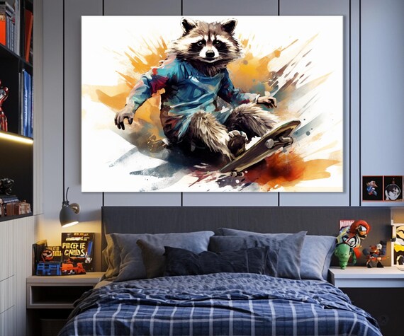 Pop Art Raccoon Skateboarder Watercolor Splash Skateboard Trick Poster