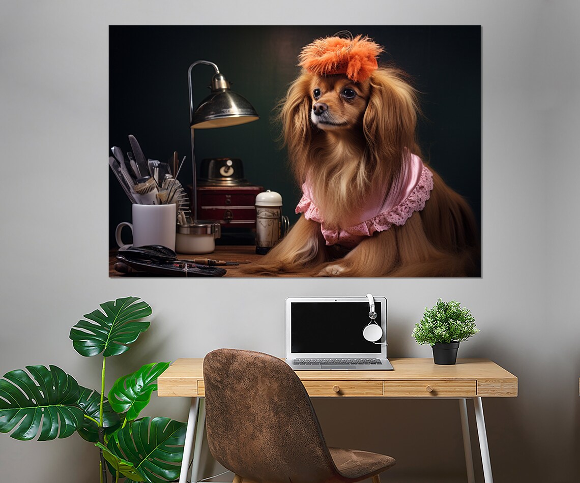 Dog Hairdresser Pink Grooming Cape Feather Hat Funny Salon Wall Art - Image 2