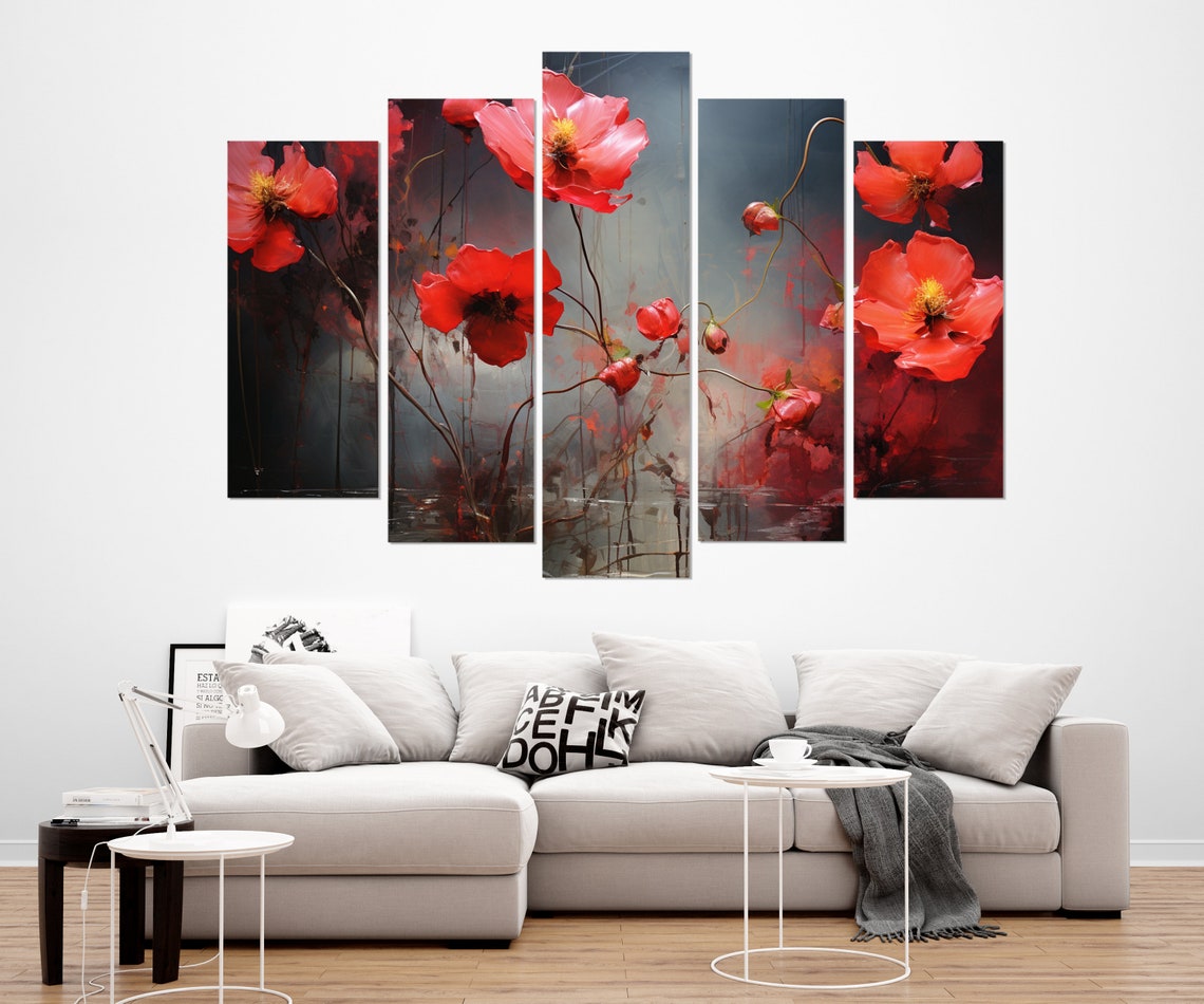 Red Poppies Abstract Floral Painting Dark Moody Blossom Art Poster - Image 4