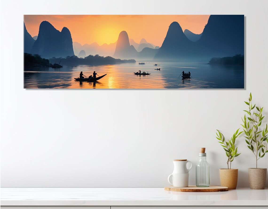 Li River Sunset Karst Mountains Fishermen Boats China Panorama Poster - Image 2