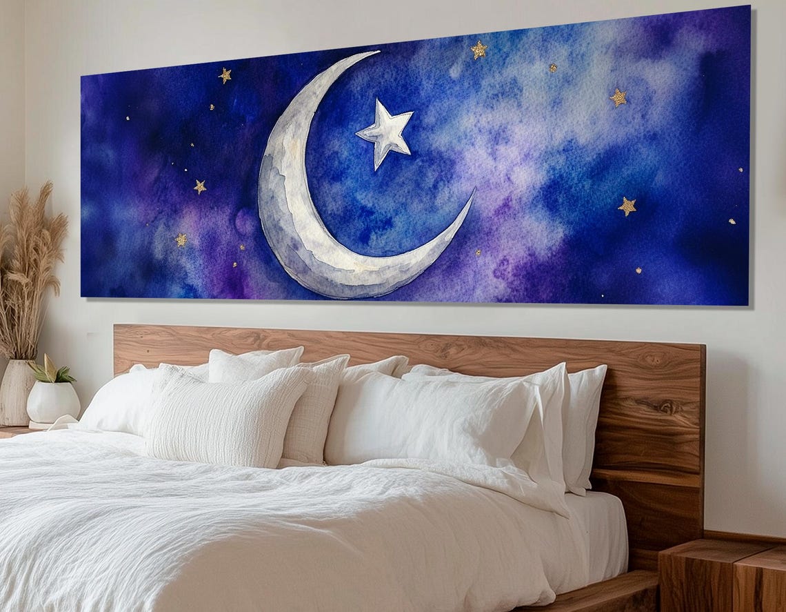 Crescent Moon And Star Deep Blue Night Sky Watercolor Islamic Poster - Image 2