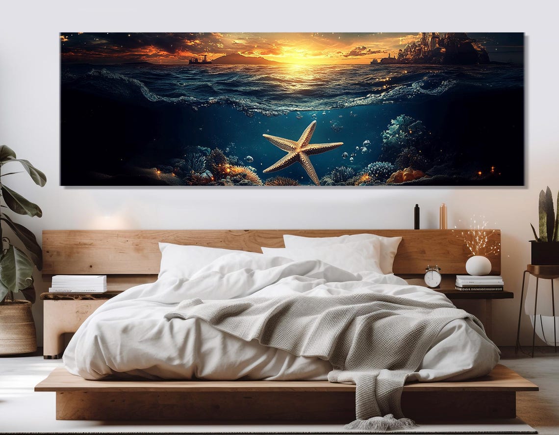 Starfish Coral Reef Underwater Sunset Ocean Split View Travel Poster