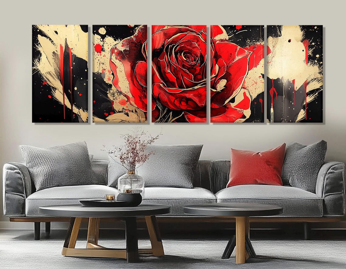 Dramatic Red Rose Black Gold Paint Splash Bold Floral Art Poster - Image 2